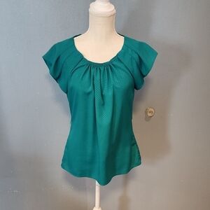 Mossimo Ruched Swis Dot Pleated Puff Sleeve Sinched Waist Preppy Office Blouse